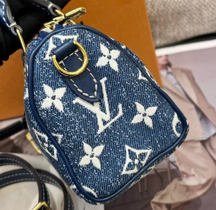Louis Vuitton Denim Speedy Nano Monogram Top Handle Bag Crossbody Blue  Women