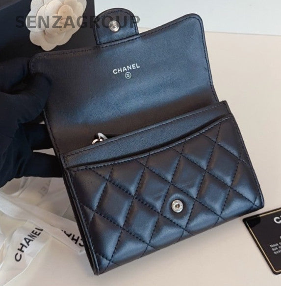 Chanel Diamond Wallet Clutch Black Silver Used Women Classic
