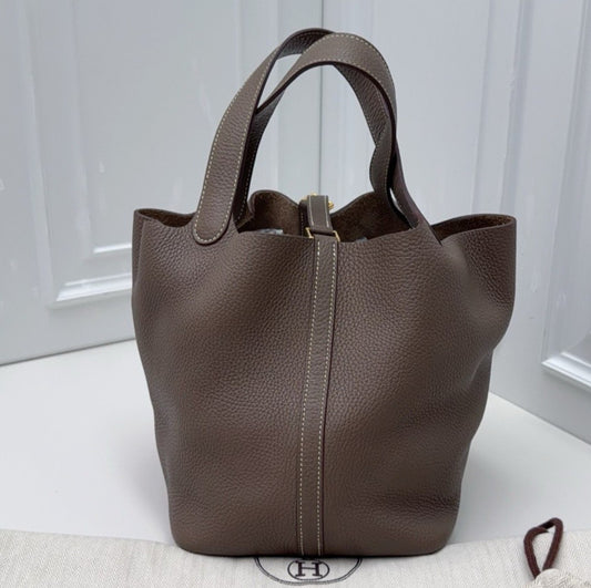 Hermes Picotin22 Top Handle Shoulder Bag Gray Gold Women Classic Fashion