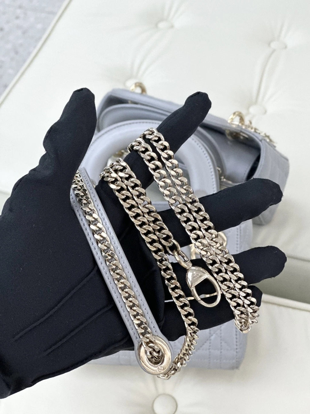 Dior Lady Dior Gray Top Handle Chain Bag Excellent