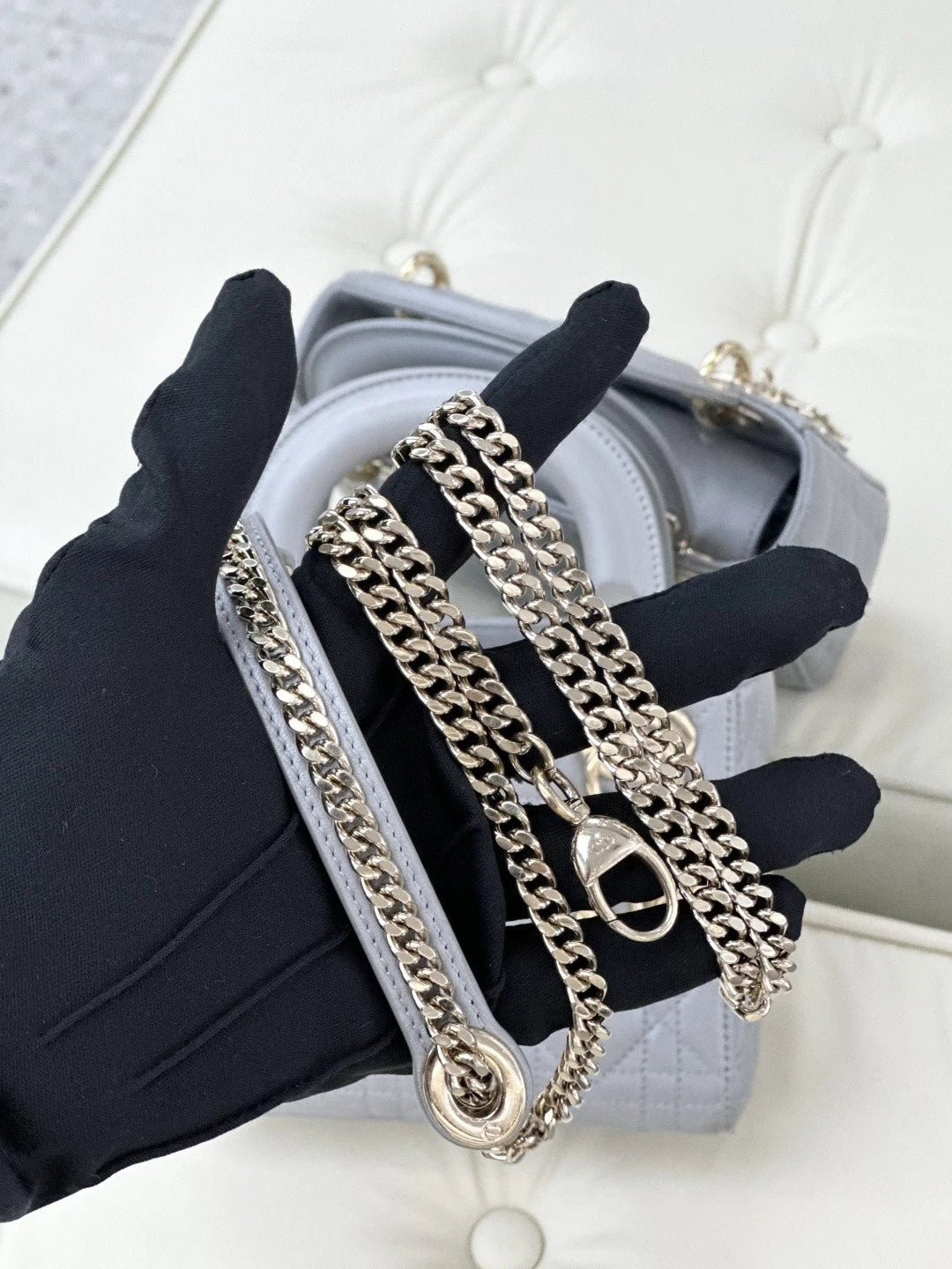 Dior Lady Dior Gray Top Handle Chain Bag Excellent