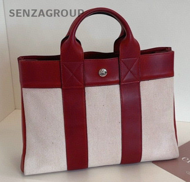 Hermes Canvas Vintage Tote Top Handle Bag Red Silver Women Classic