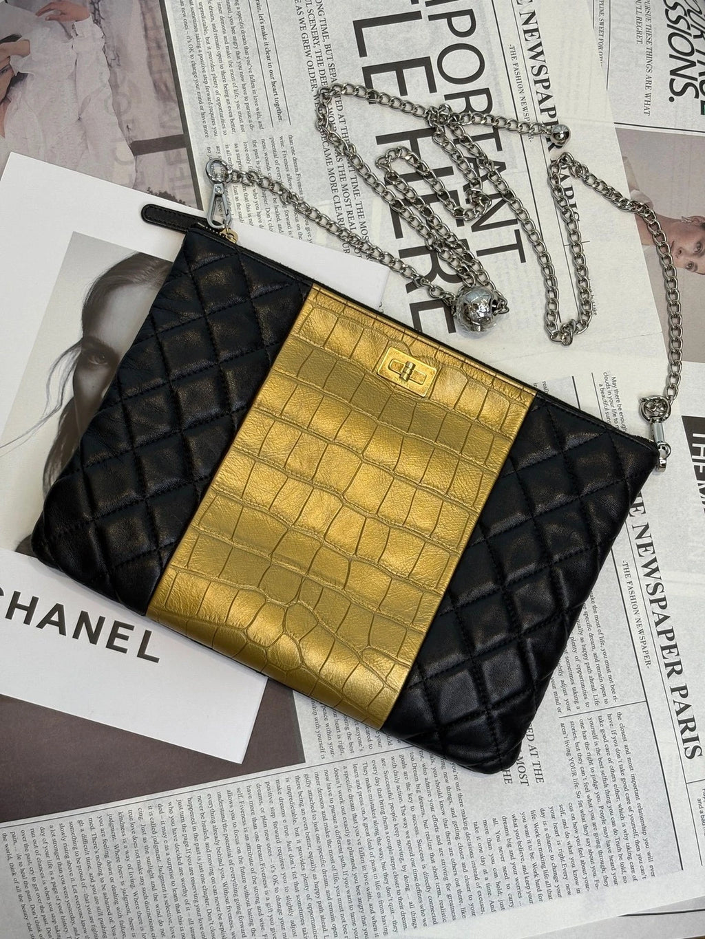 CHANEL 2.55 Black Gold Colorblock Chain Clutch Crossbody Bag For Women