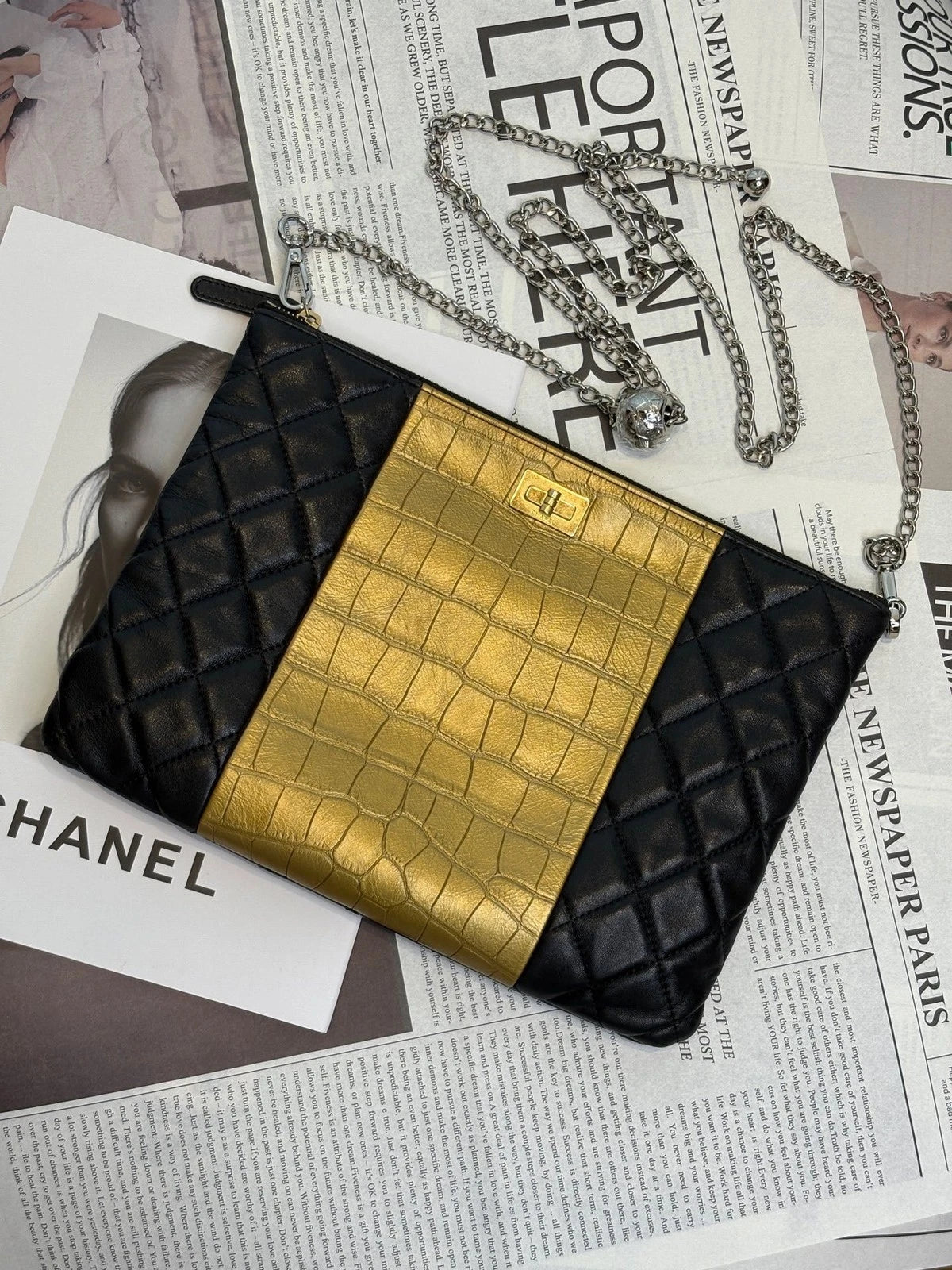 CHANEL 2.55 Black Gold Colorblock Chain Clutch Crossbody Bag For Women