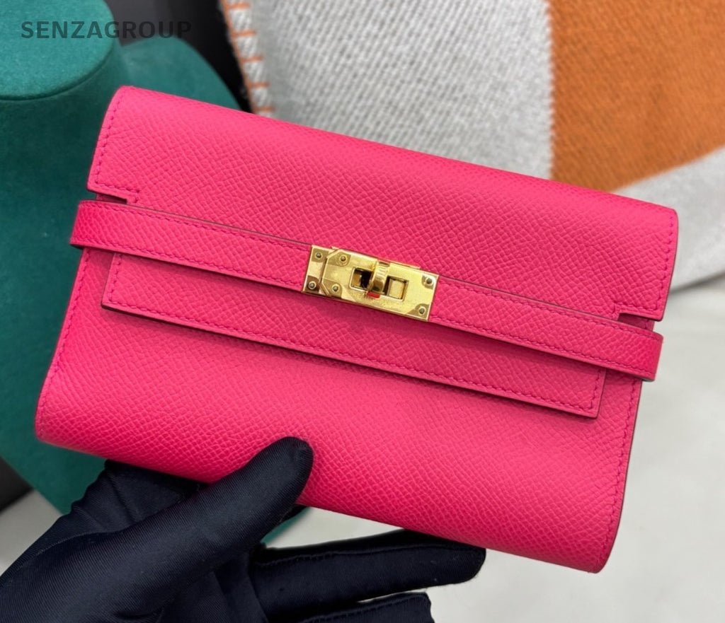 Hermes Kelly Epsom Leather Wallet Clutch Pink Gold Women Classic Fashion