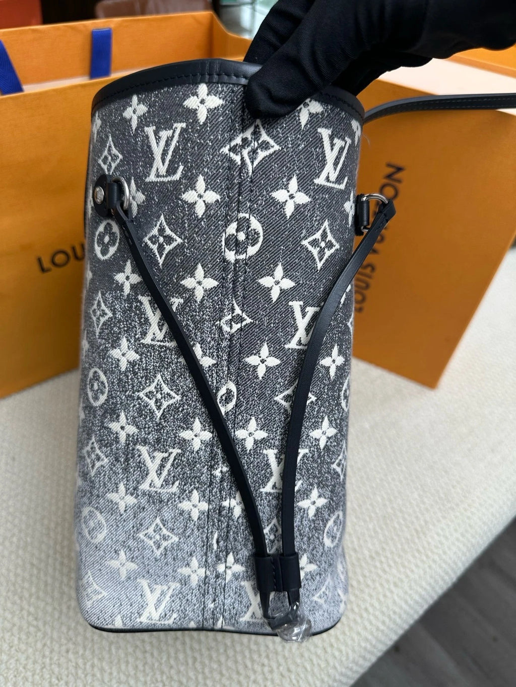 Louis Vuitton Neverfull Denim Black White Tote Bag Excellent