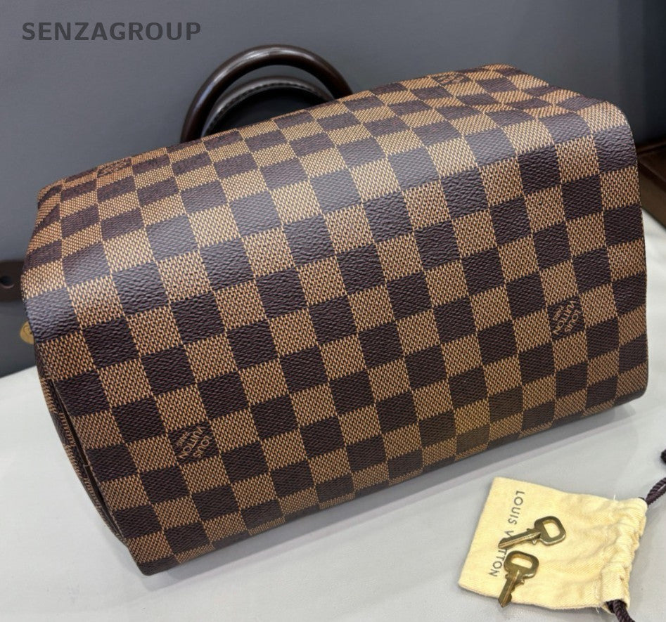 Louis Vuitton Speedy25 Top Handle Bag Brown Damier Ebene Gold Women Classic