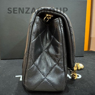 Chanel Classic Flap Quilted Lambskin Chain Shoulder Bag Black Gold