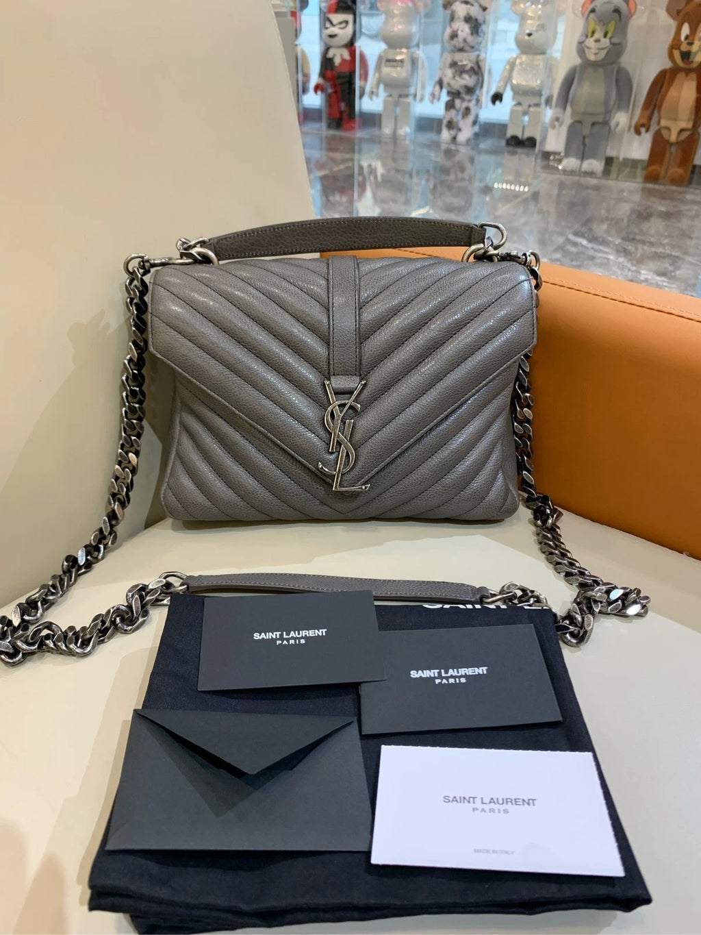Saint Laurent Gray Leather Small Chain Messenger Bag For Women