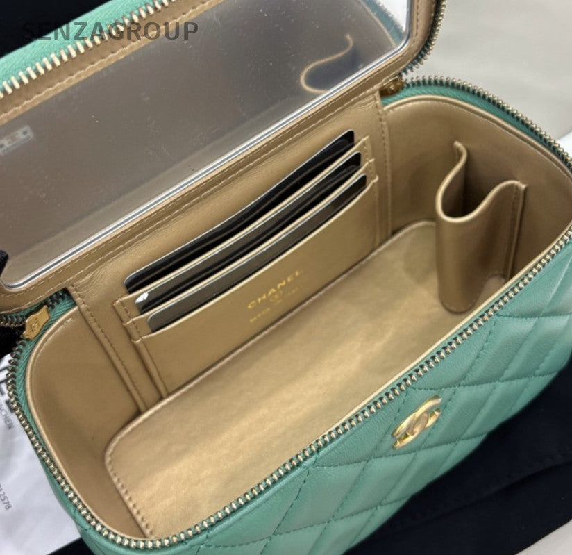 Chanel Chain Diamond Shoulder Bag Crossbody Green Gold Women Classic Zipping