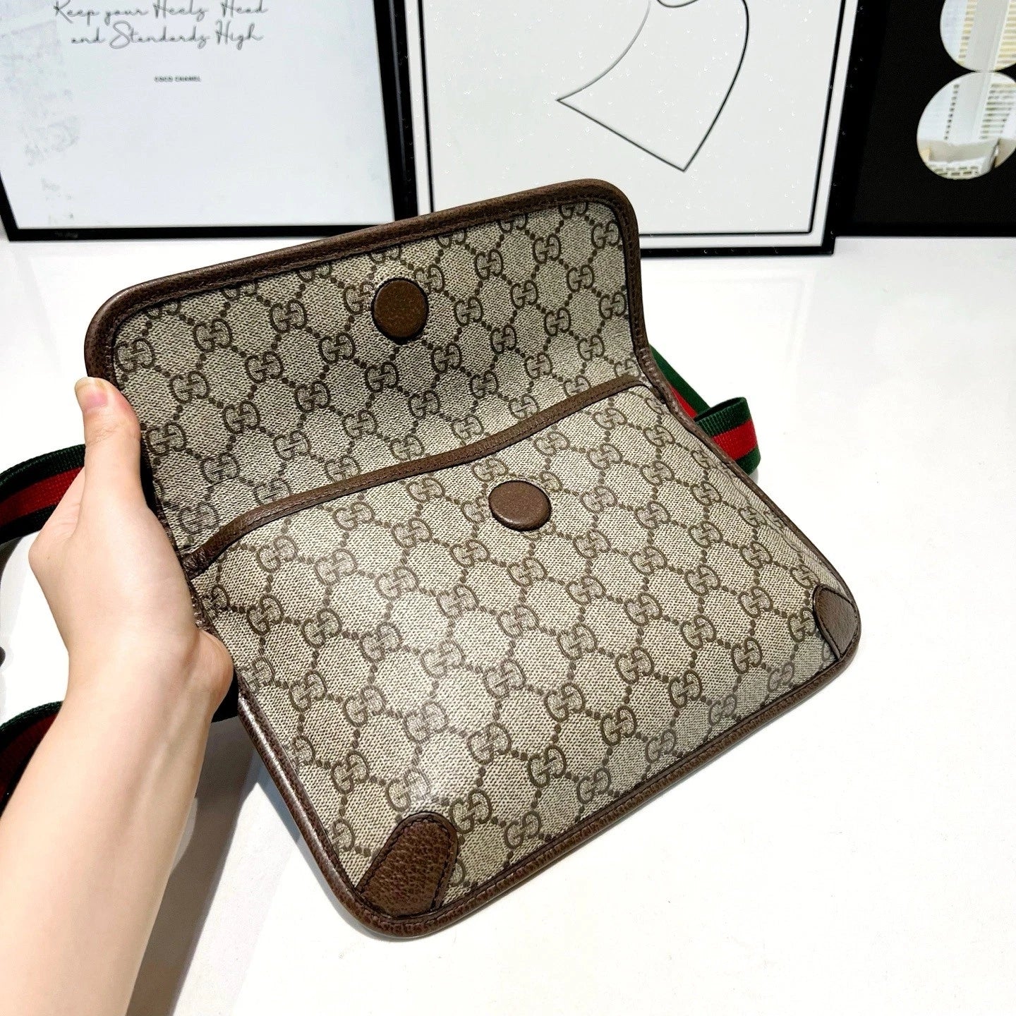 Gucci Beige GG Supreme Canvas Brown Trim Crossbody Women
