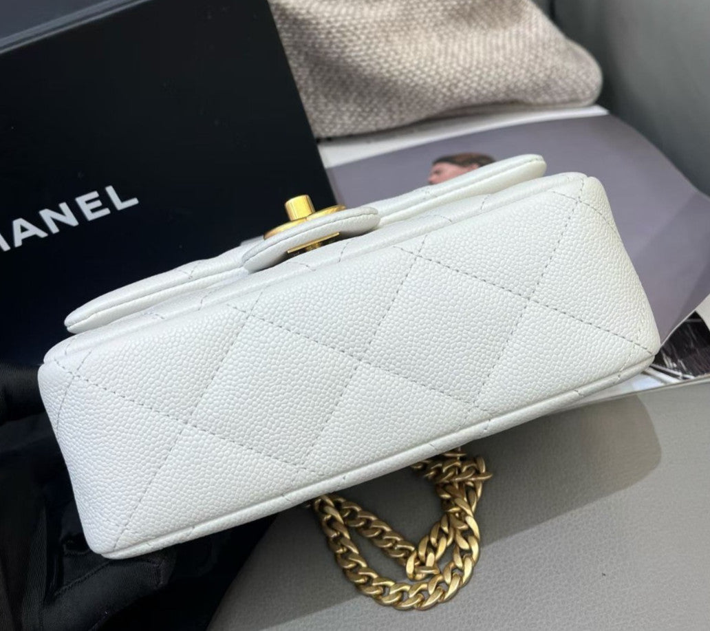 Chanel Classic Flap Calfskin Chain Shoulder Bag Crossbody White Gold Women
