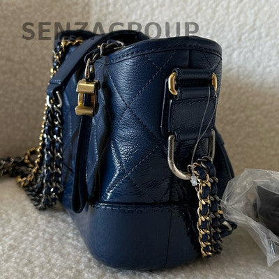 Chanel Small Navy Blue Gabrielle Hobo Bag with Gold Chain and Quilted Pattern