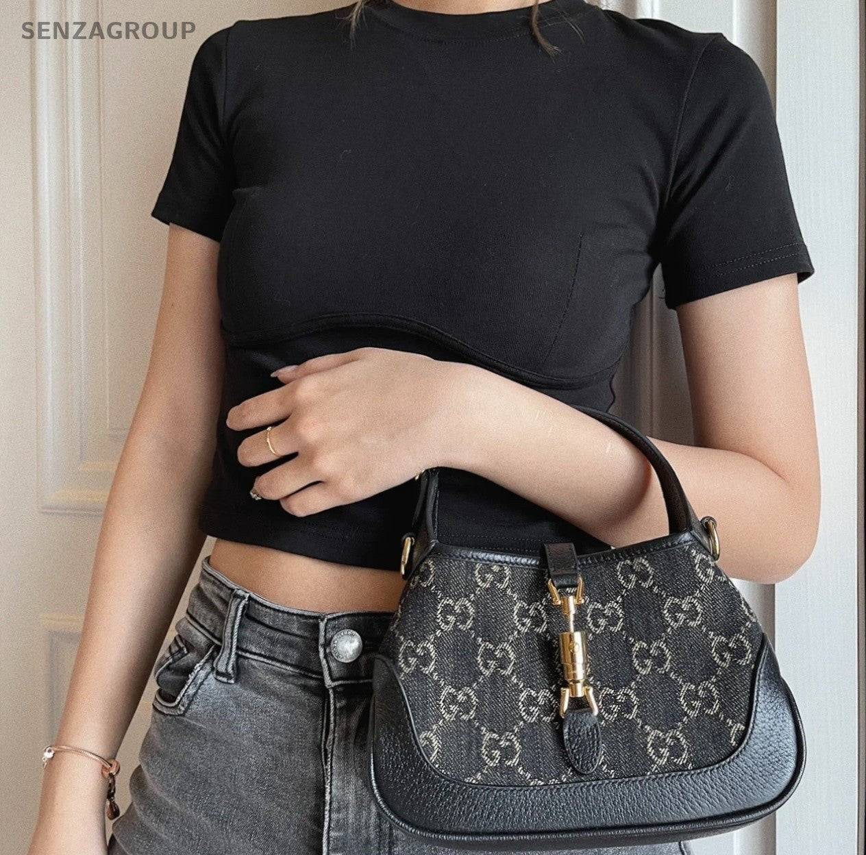 Gucci Jackie 1961  Denim Mini Shoulder Crossbody Bag Black Women