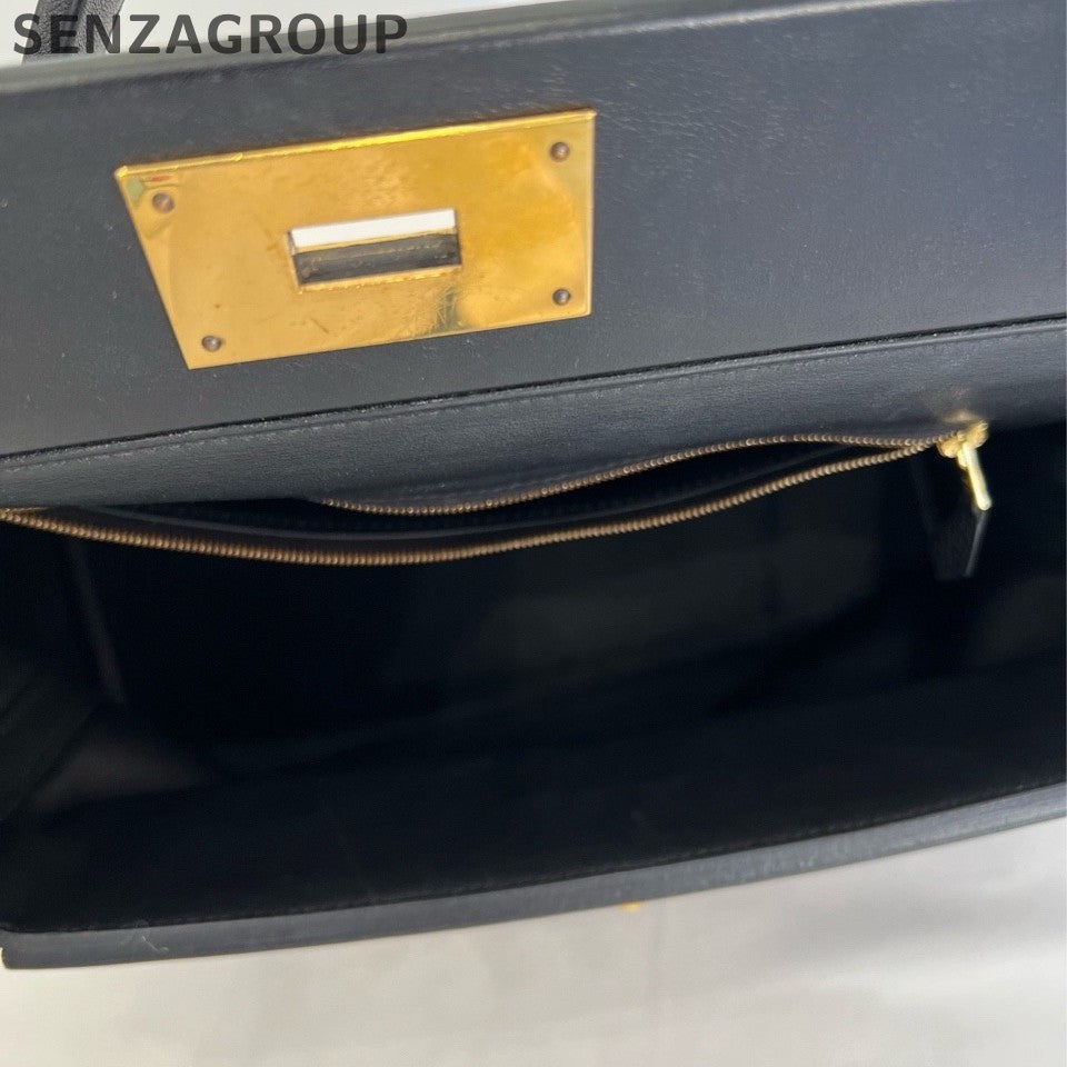Hermes 2424 Kelly Top Handle Bag Black Gold Women Classic Fashion