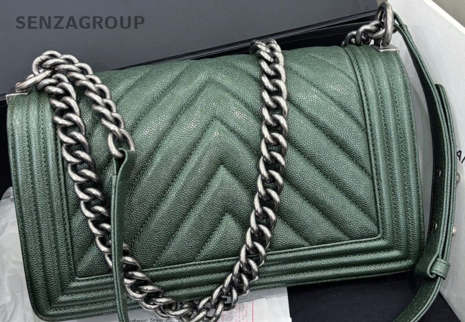 Chanel Leboy MM Calfskin Chain Shoulder Bag Green Silver Used Women Classic