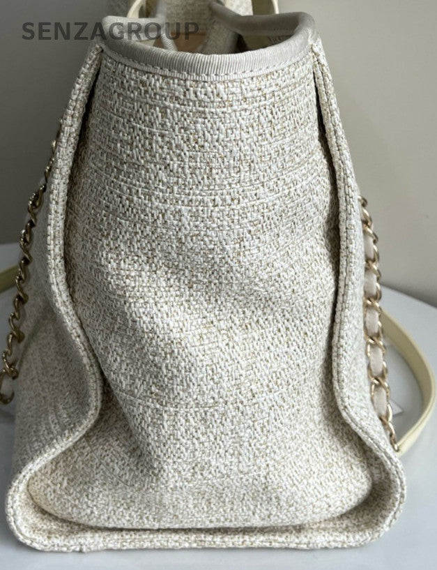 Chanel Fabric Deauvliie Canvas Tote Handbag Chain Shoulder Bag White Used Women