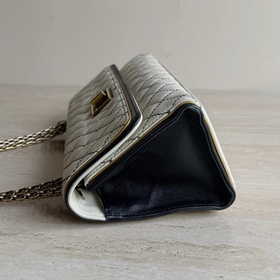 Chanel 2.55 Diamond Baguette Gold Chain Shoulder Bag in White Leather