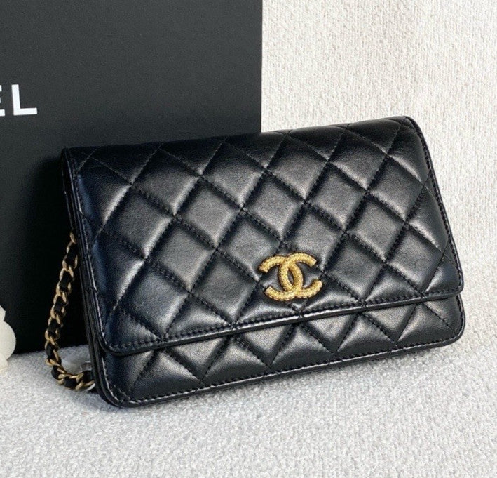 Chanel WOC Lambskin Chain Shoulder Bag Crossbody Black Gold Women Classic