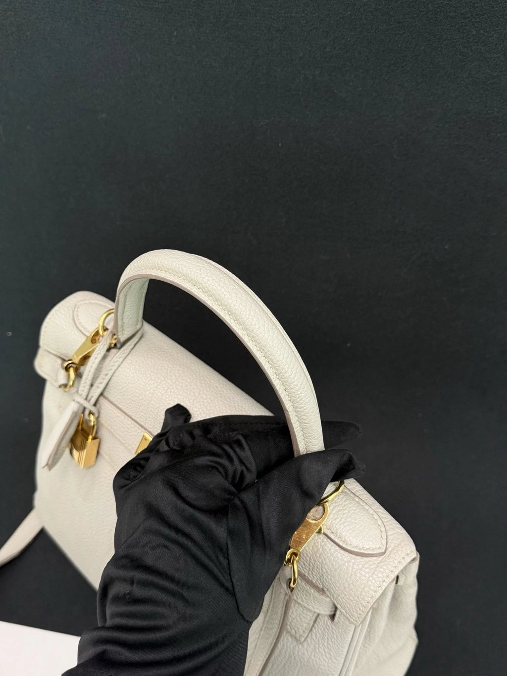 Hermes Kelly28 Top Handle Bag Crossbody Gray Gold Used Women Fashion Classic