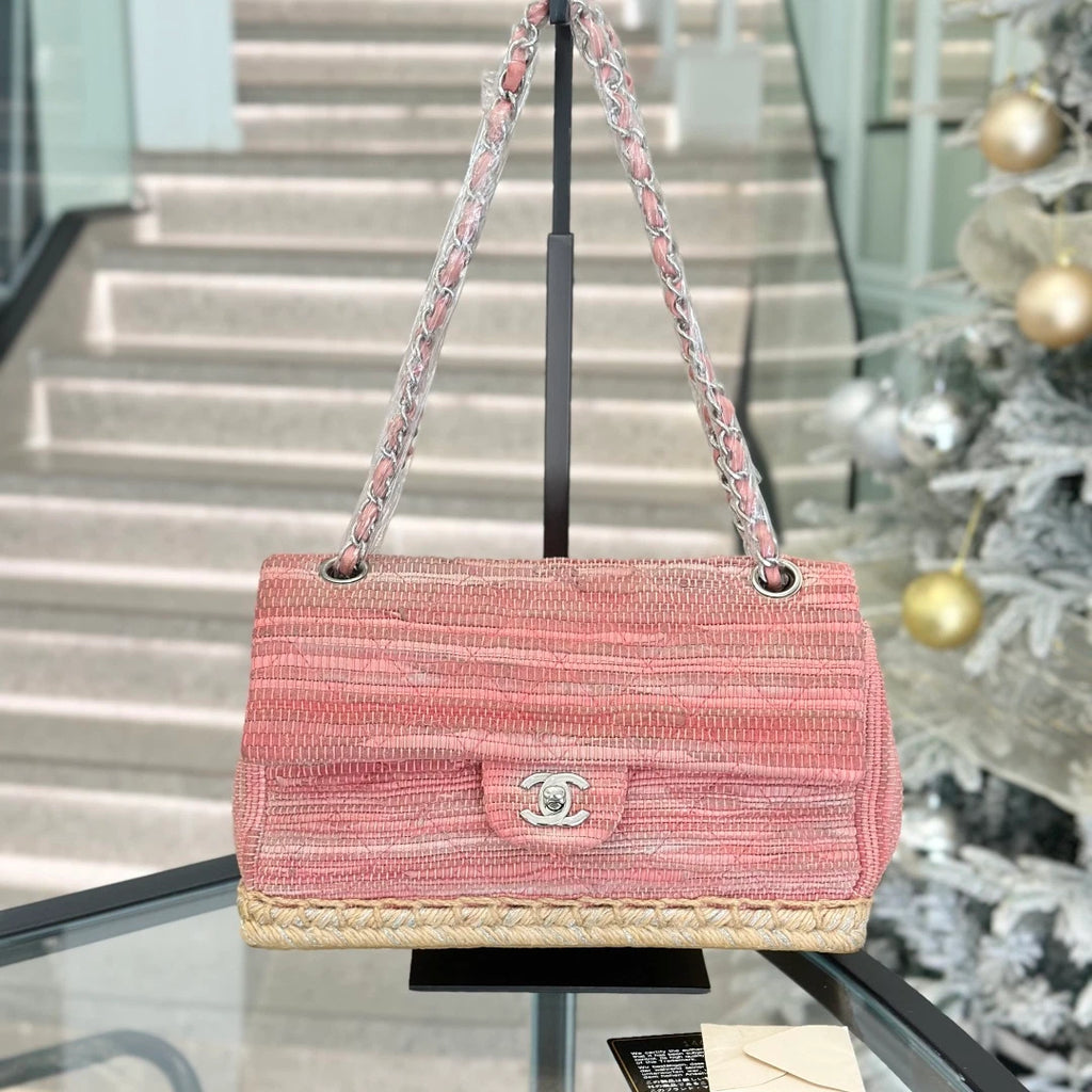 Chanel Classic Flap MM Tweed Chain Shoulder Bag Crossbody Pink Silver Women S