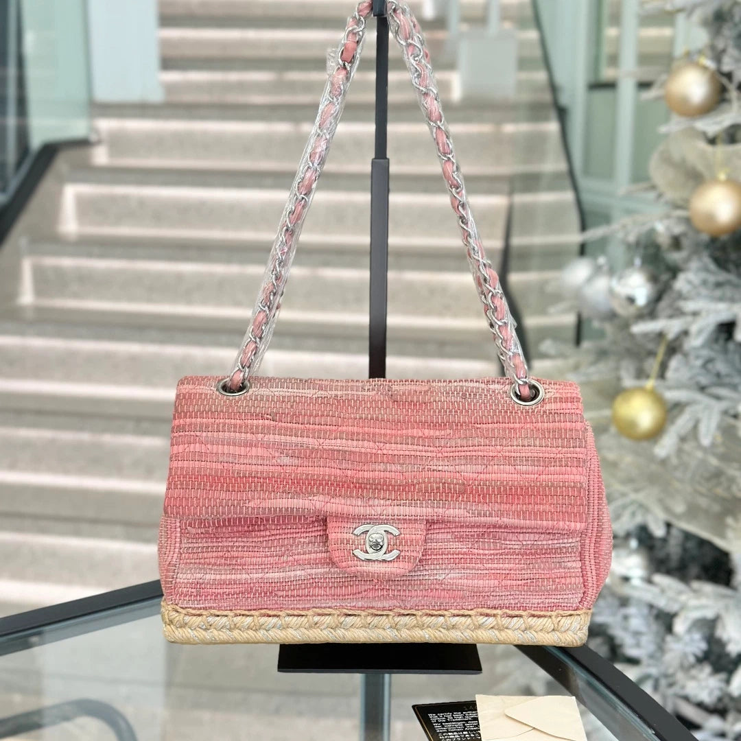 Chanel Classic Flap MM Tweed Chain Shoulder Bag Crossbody Pink Silver Women S