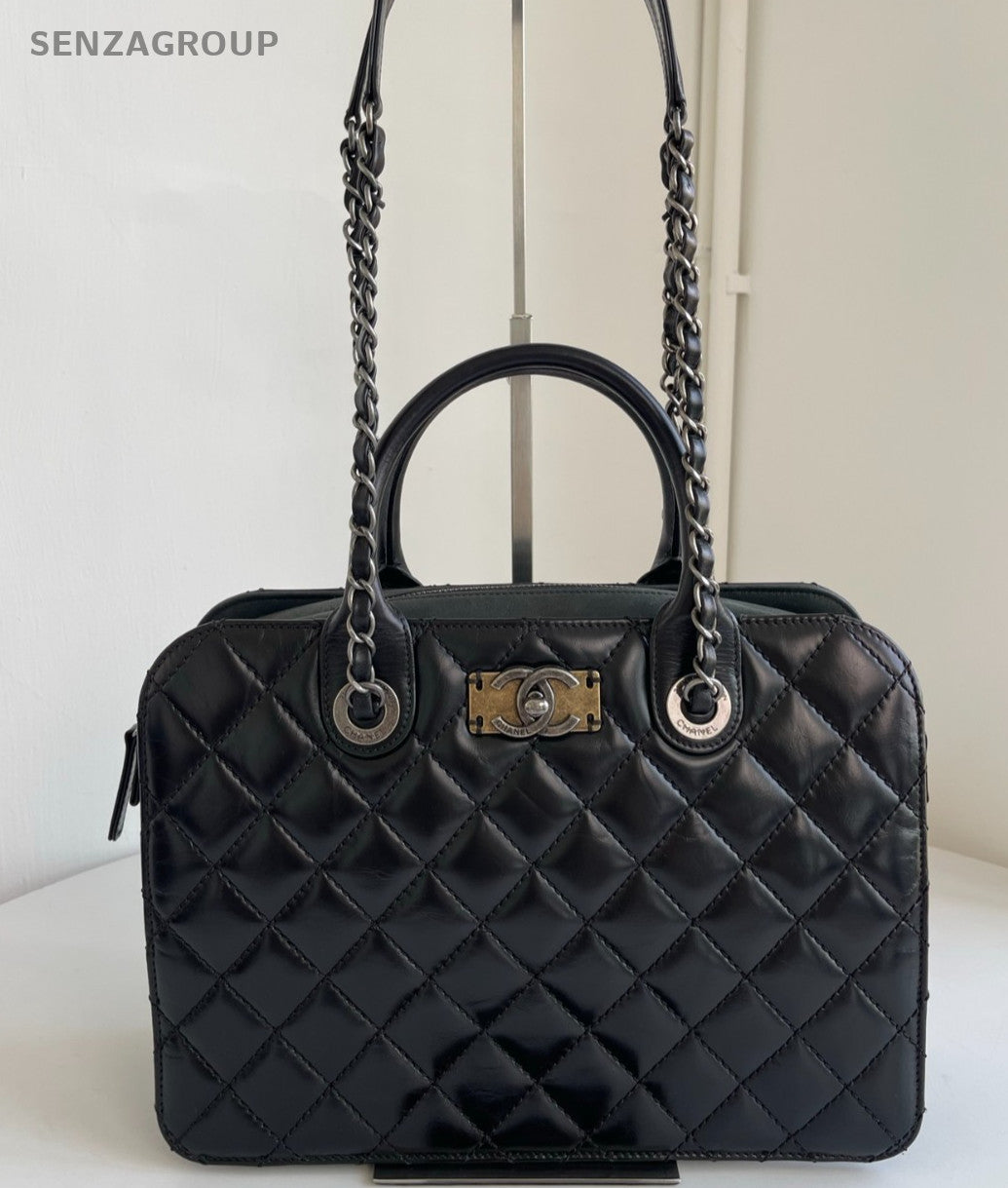 Chanel Diamond Chain Satchel Top Handle Shoulder Bag Black Silver Women Classic