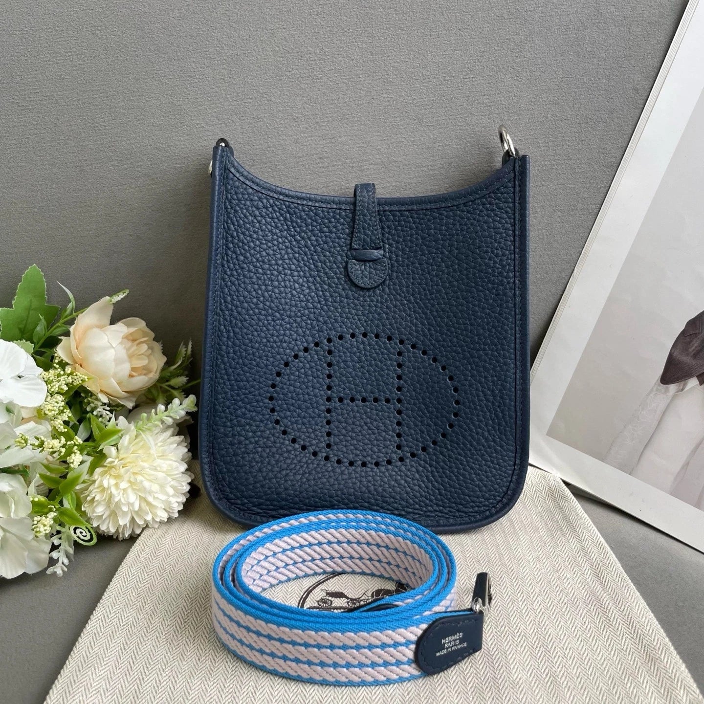 Hermes Mini Evelyne Blue Leather Crossbody Bag For Women
