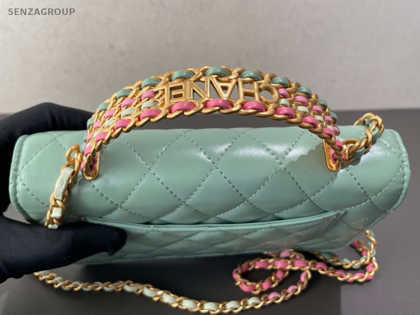 Chanel WOC Diamond Rainbow Chain Top Handle Bag Crossbody Green Gold Women
