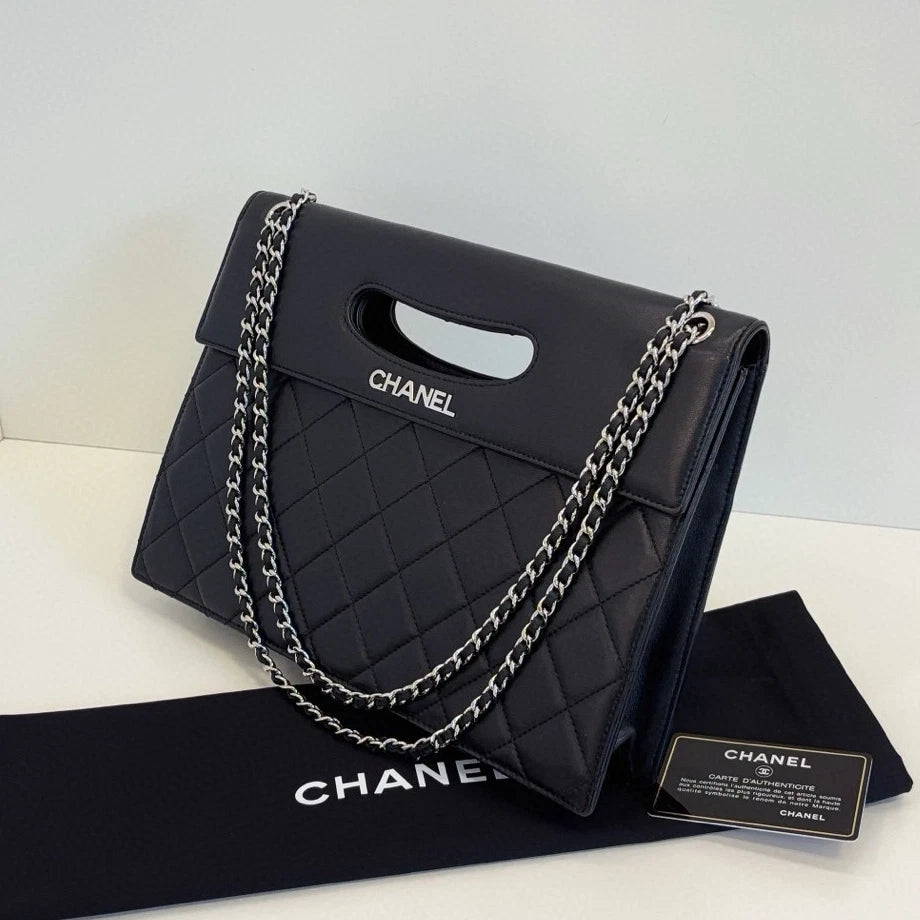 Chanel Diamond Chain Satchel Top Handle Shoulder Bag Black Silver Women Classic