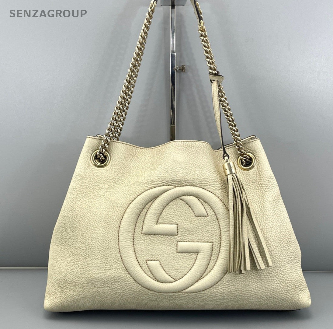 Gucci Soho Chain Tassel Tote Shoulder Bag White Silver Used Women Classic