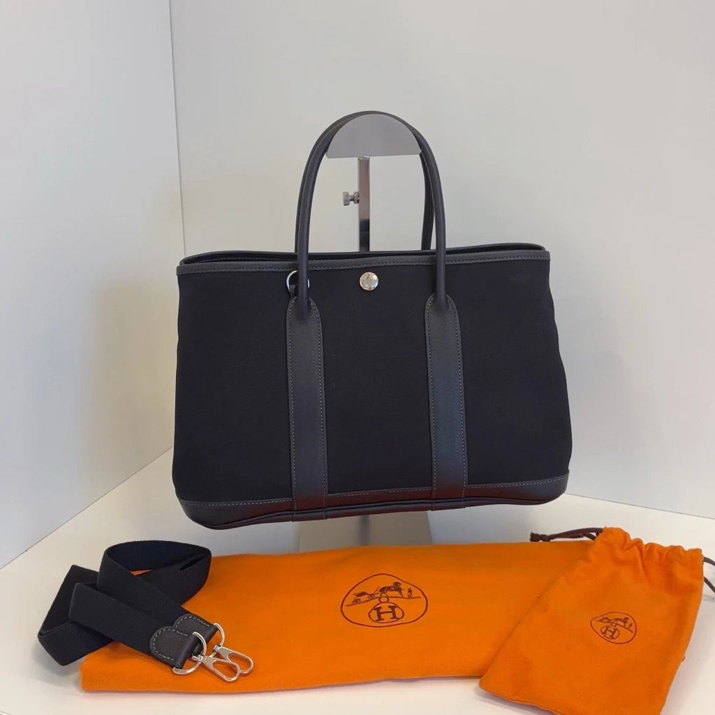 Hermes Garden Party30 Tote Canvas Top Handle Bag Black Silver Women Classic