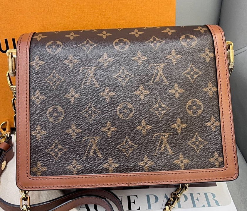 Louis Vuitton Dauphine MM Monogram Chain Shoulder Bag Crossbody Brown Women