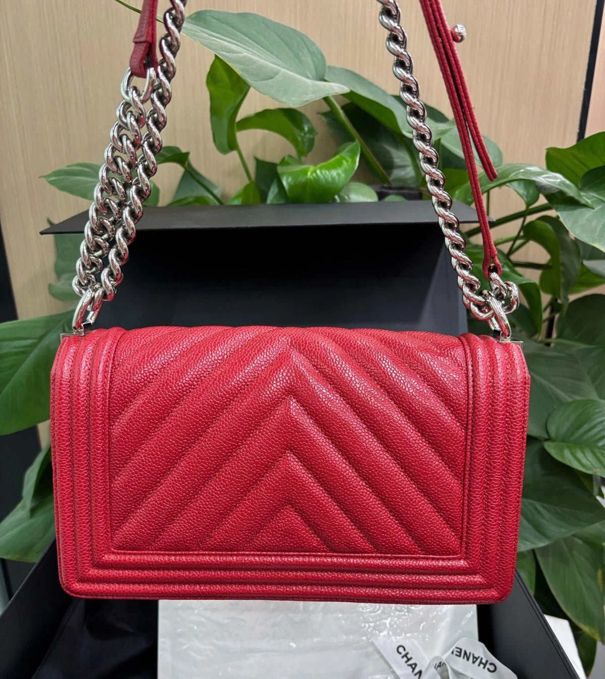 Chanel Leboy Chevron MM Calfskin Shoulder Bag Crossbody Bag Red Women Fashion