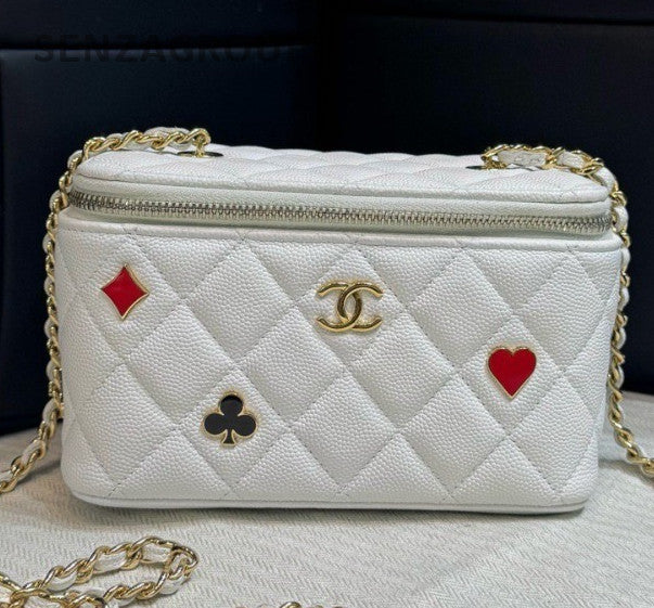Chanel Diamond Chain Box Calfskin Crossbody White Gold Women Classic