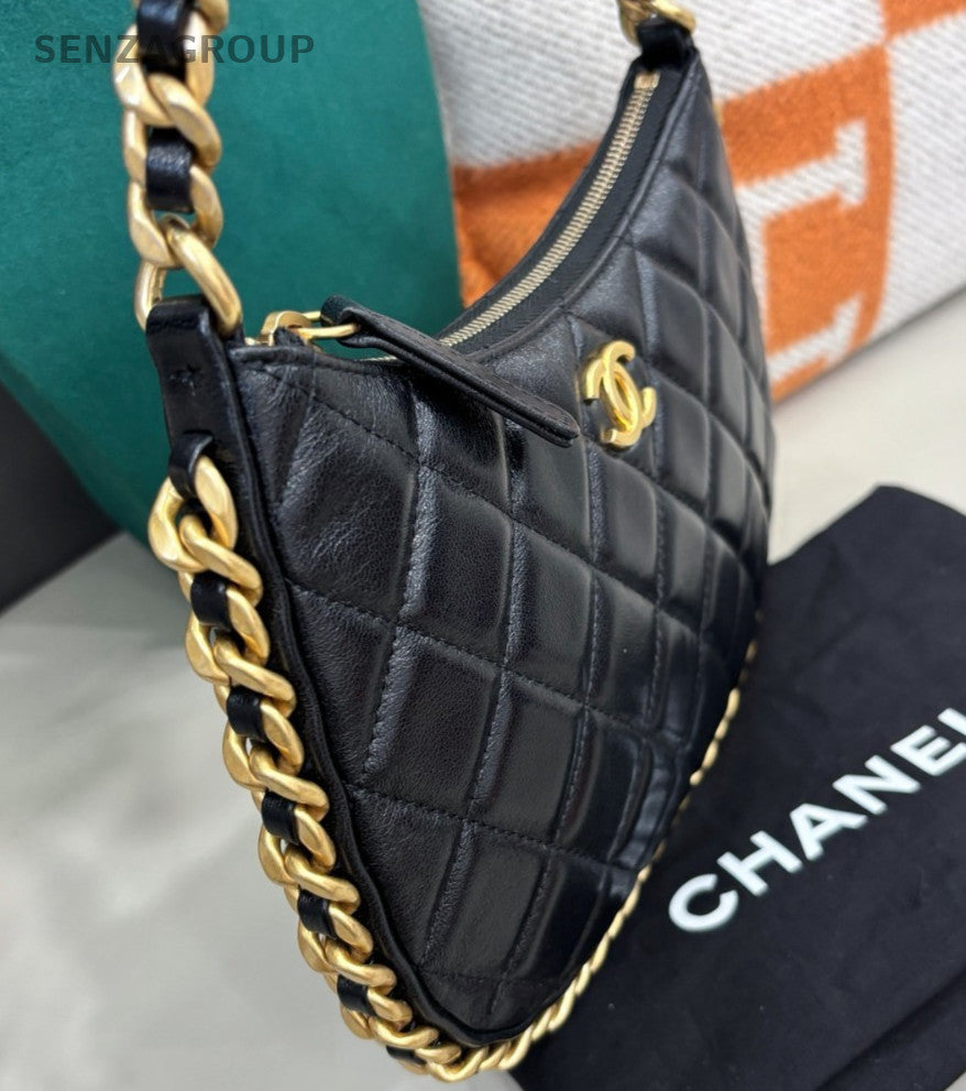 Chanel 23B Hobo Chain Shoulder Bag Diamond Black Gold Women Classic Fashion