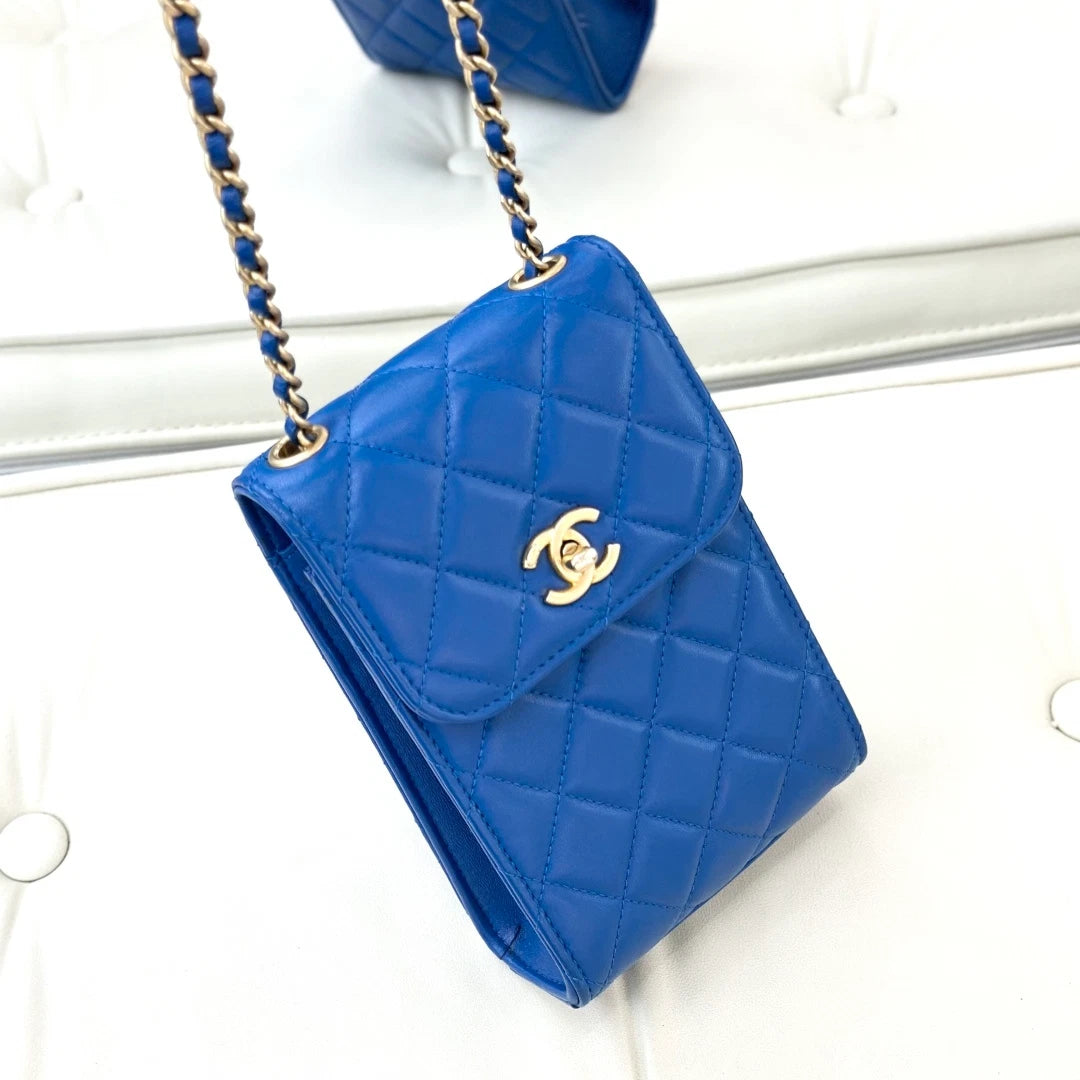 Chanel Lambskin Phone Bag Shoulder Crossbody Bag Blue Gold Hardware Women S