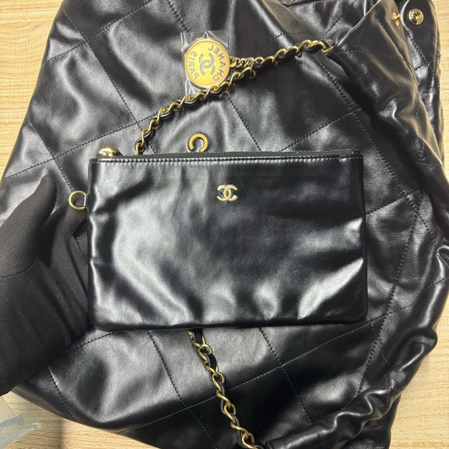 Authentic CHANEL Calfskin 22 Black Gold Medium Tote Bag For Women