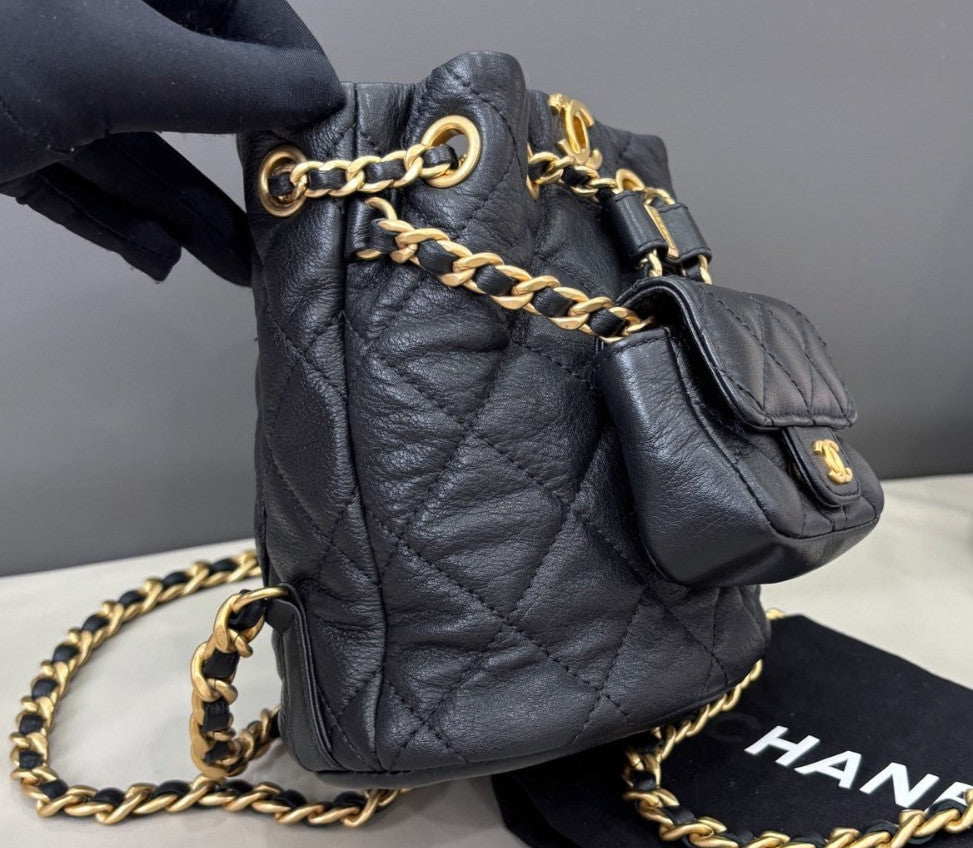 Chanel Calfskin Chain Backpack Black Gold Women Diamond Classic Fashion