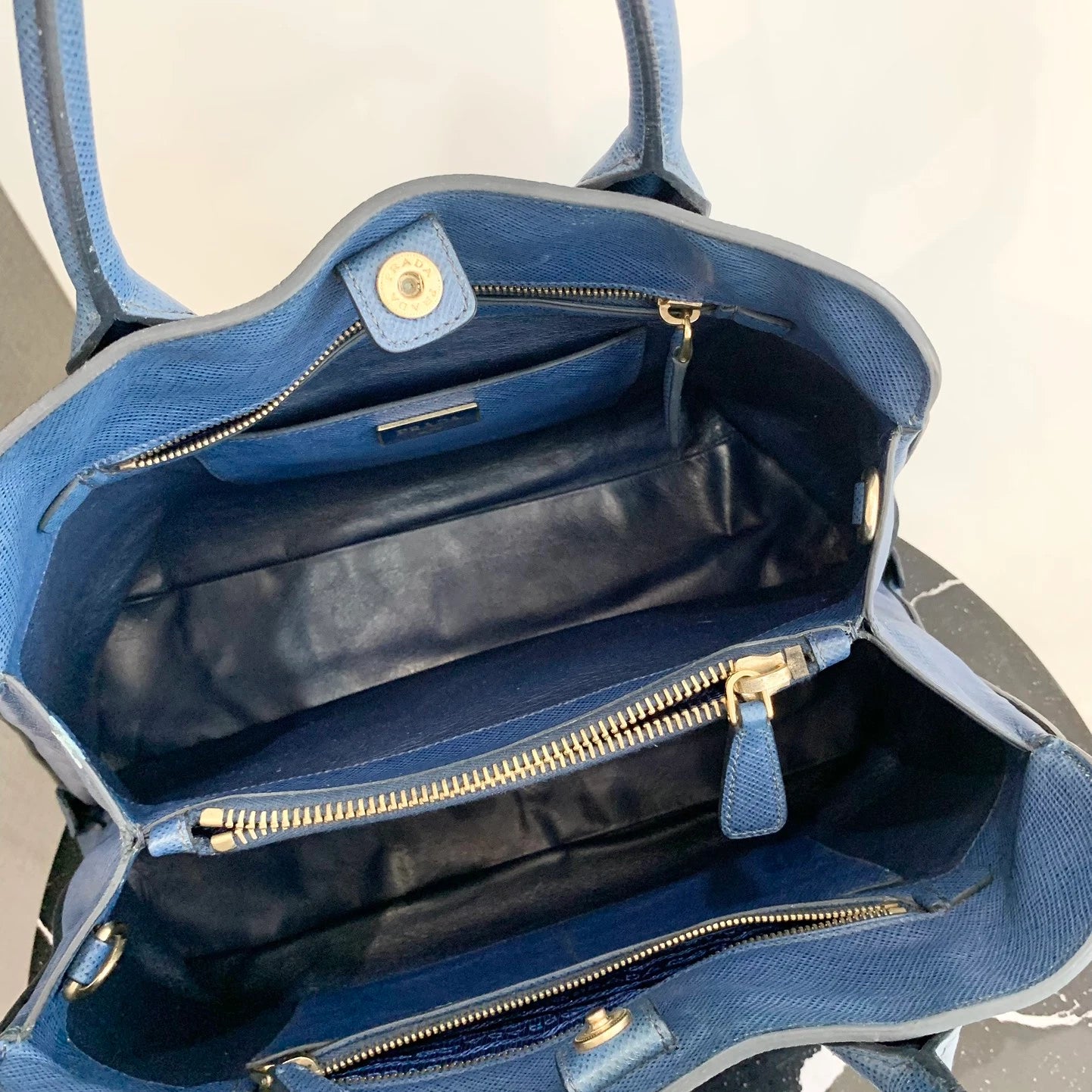 Prada Calfskin Tote Top Handle Bag Blue Gold Hardware Women S
