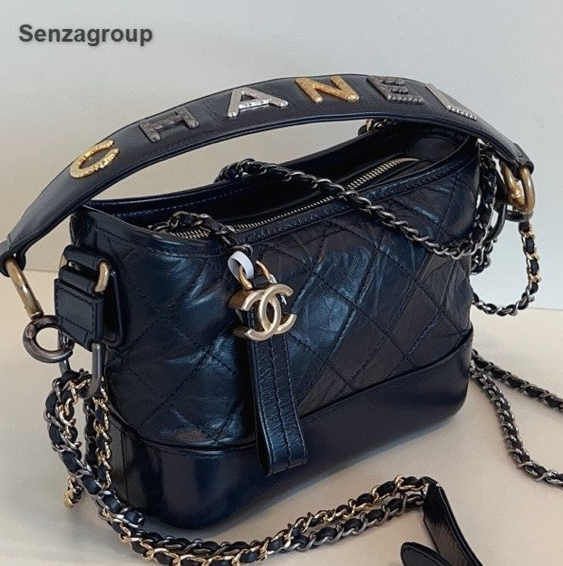 Chanel Gabrielle PM Top Handle Chain Shoulder Bag Crossbody Navy Gold Women