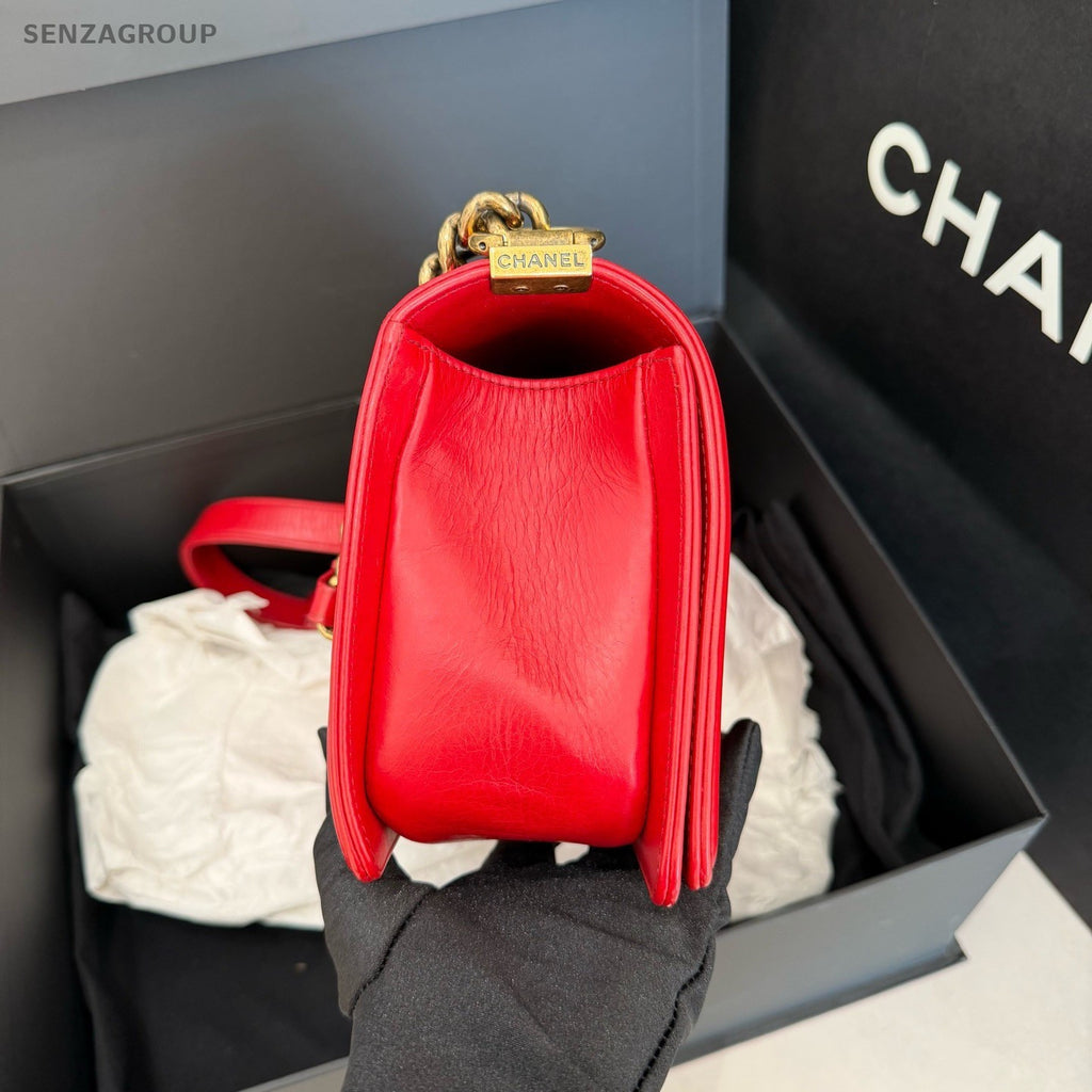 CHANEL Leboy Calfskin Diamond Pattern Chain Shoulder bag Red Gold Women