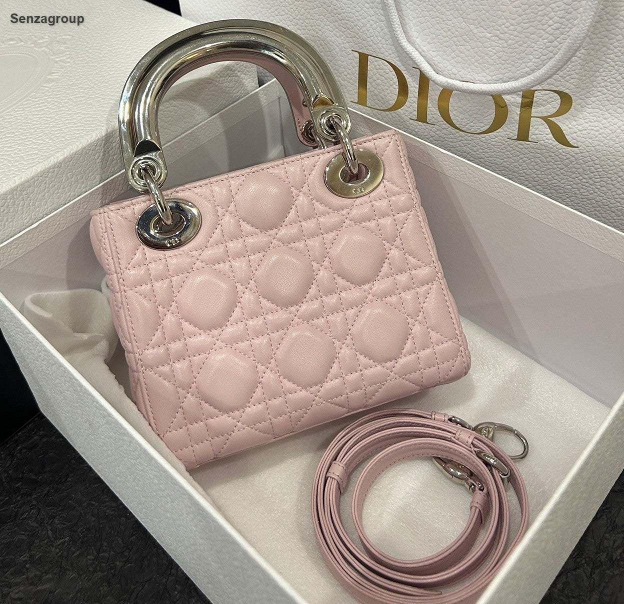 Christian Dior Lady Dior 2Way Top Handle Crossbody Pink Silver Women Classic