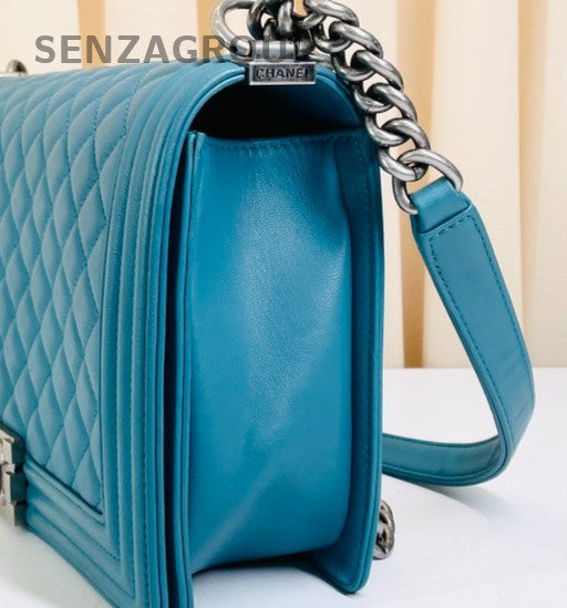 Chanel Leboy Calfskin Vintage Chain Shoulder Bag Blue Silver Women Classic
