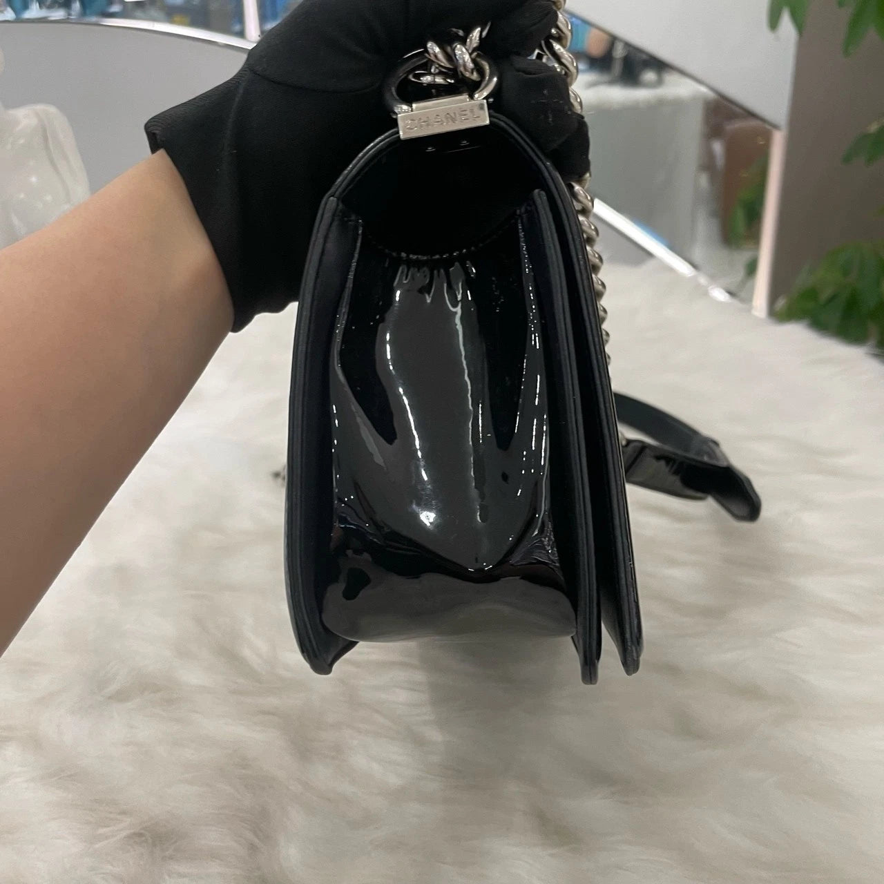 Chanel Le Boy Medium Black Silver Chain Shoulder Bag Quilted