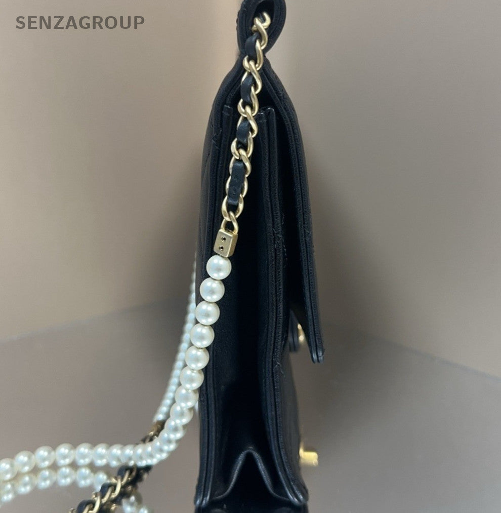 Chanel Classic Flap Pearl String Chain Shoulder Bag Black White Women Designer