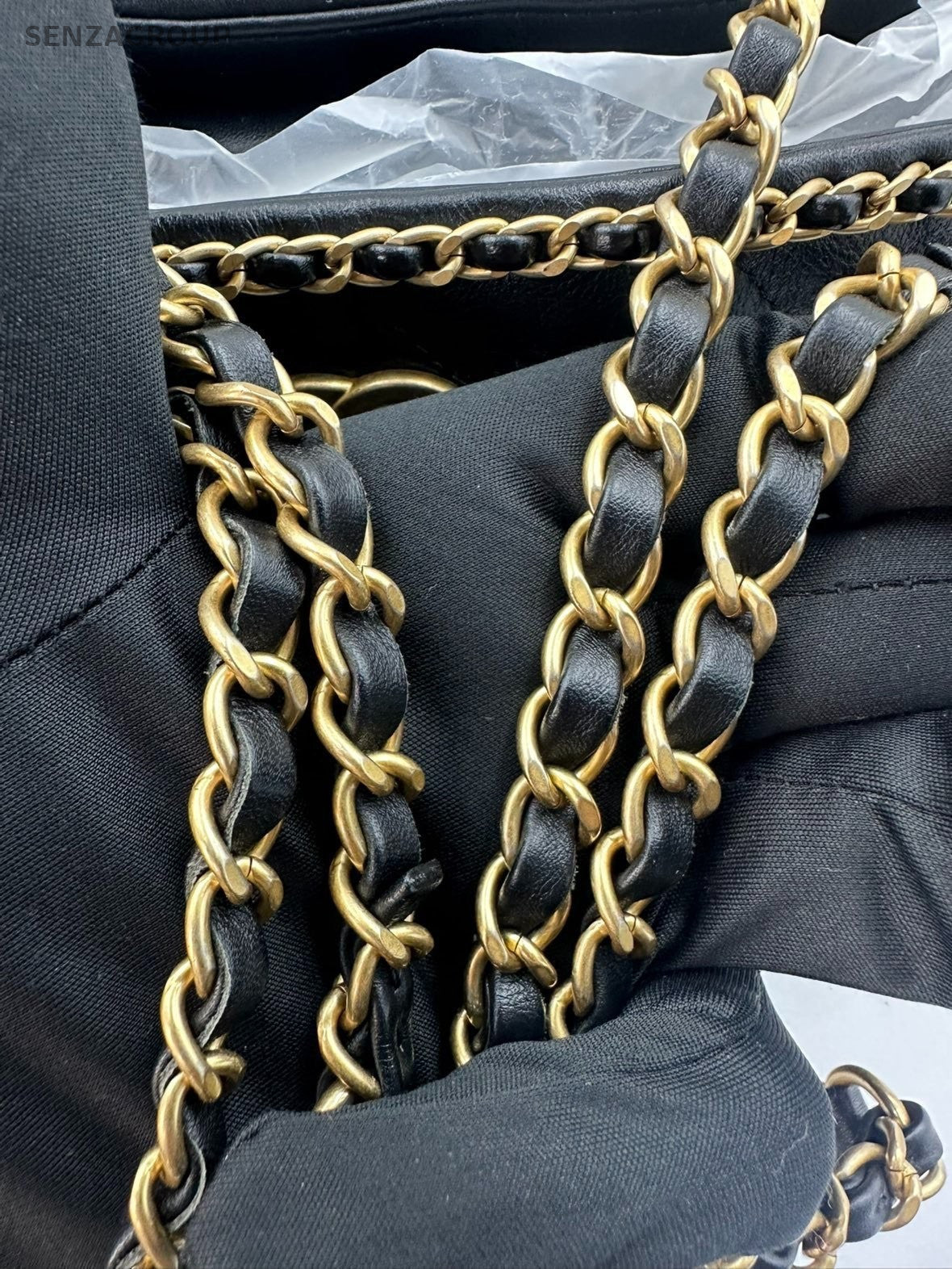Chanel Diamond Calfskin Tote Chain Shoulder Bag Black Gold Women Classic