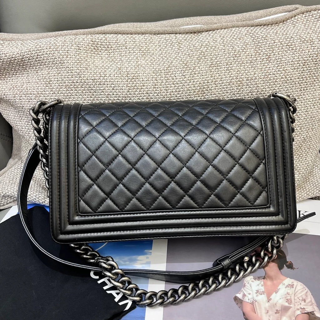 Chanel Leboy MM Calfskin Chain Shoulder Crossbody Black Silver Women Classic