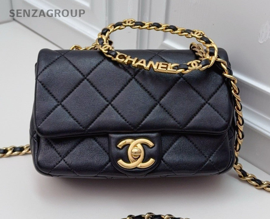 Chanel PM Chain Shoulder Bag Crossbody Black Gold Women Classic