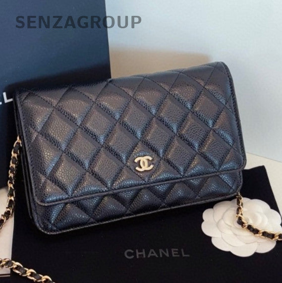 Chanel WOC Chain Shoulder Bag Crossbody Black Gold Women Classic Diamond